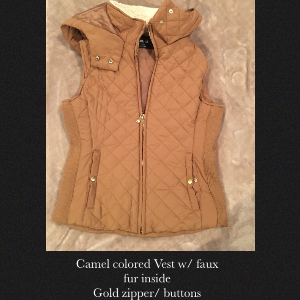 Camel colored Vest w/ faux fur interior and hoodie